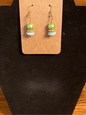 Vintage Style Mid Century Green Blue Beaded Rhinestone Dangle Earrings NWT